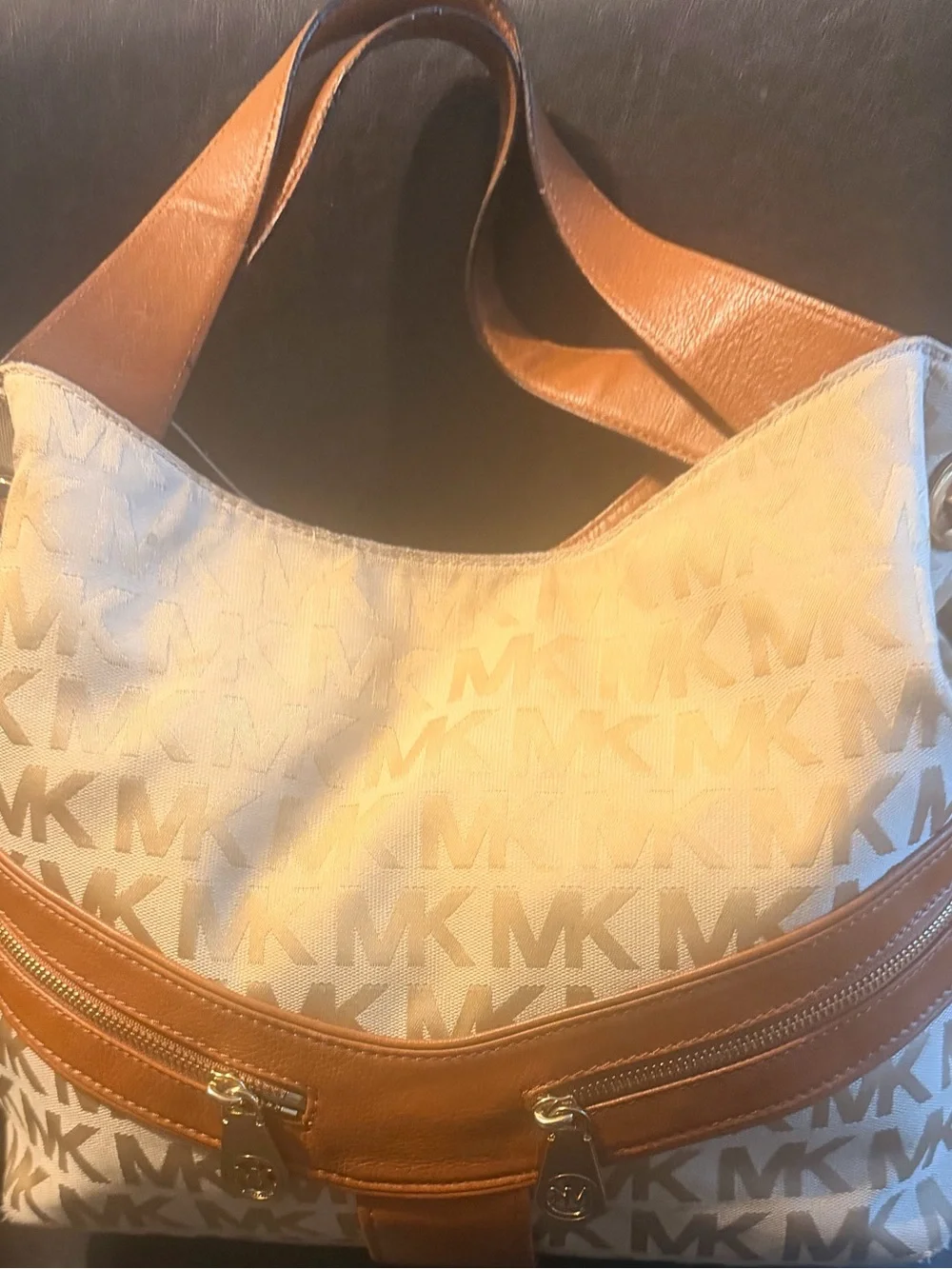 Michael Kors Jamesport Cream and Tan Logo Hobo Bag